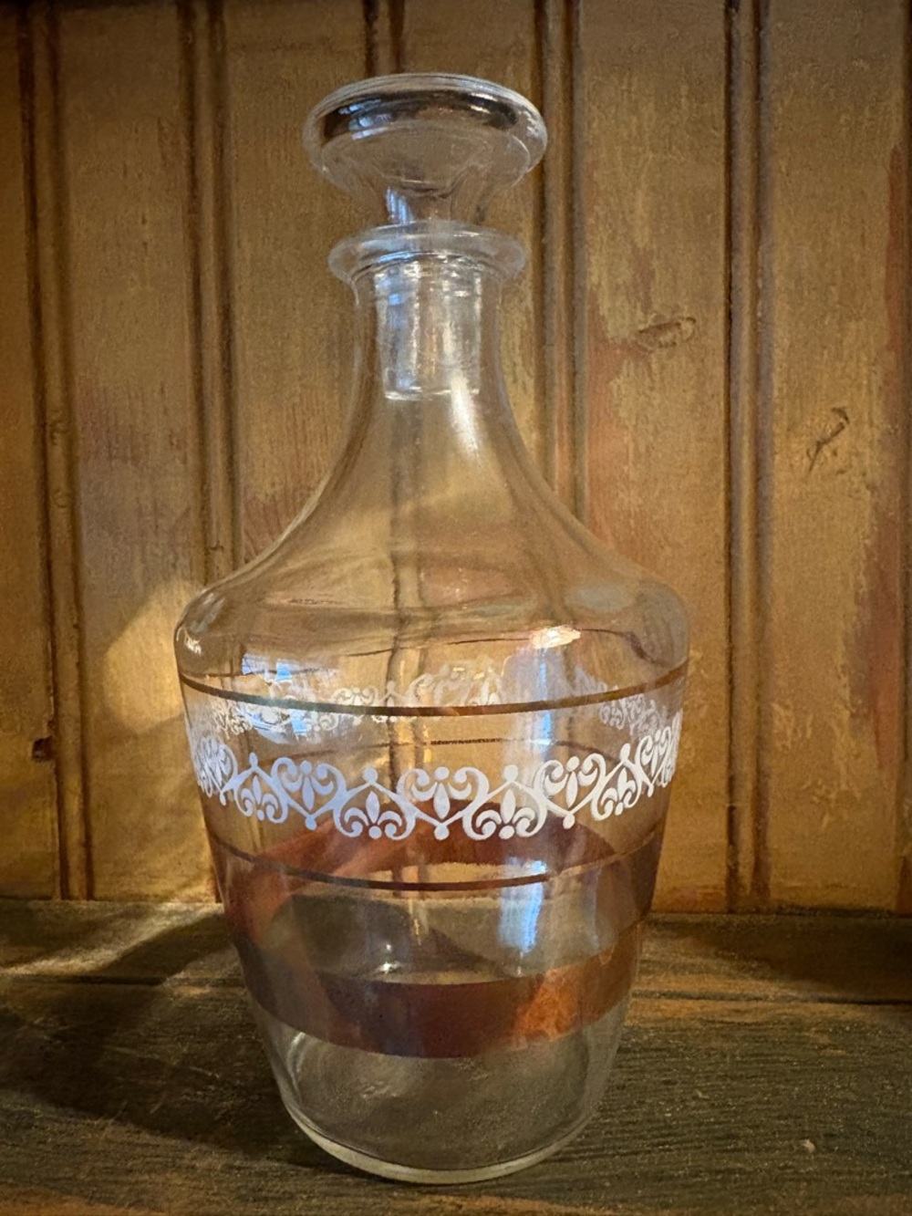 Vintage MCM French Glass Liquor Decanter - Gold & White Filigree